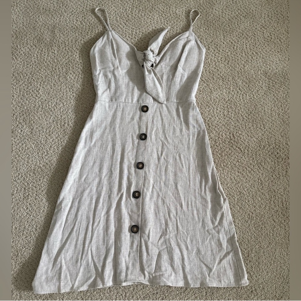 Linen Blend Button Front Tie Midi Dress